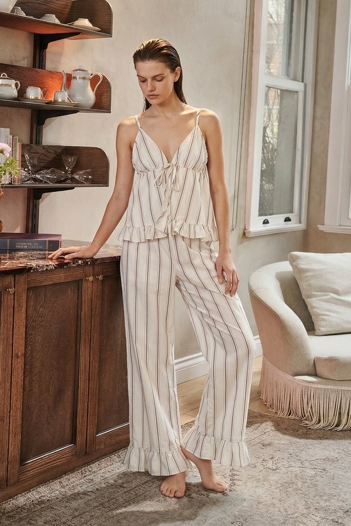 Elyra Ekru Çizgili Askılı Uzun Poplin Pijama Takımı