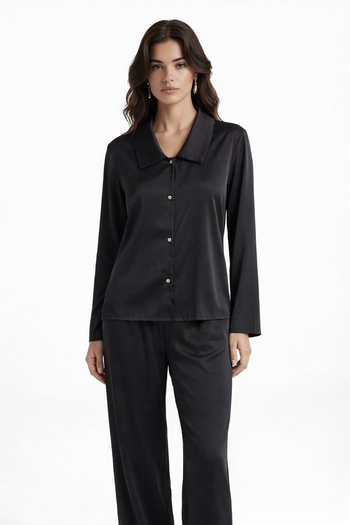 Amoris Siyah Uzun Saten Pijama Takımı