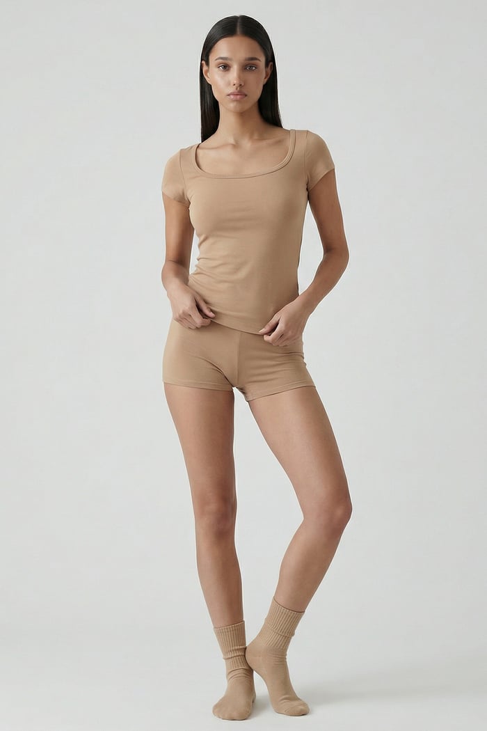 Cotvie Kahve Pamuklu Kare Yaka T-shirt