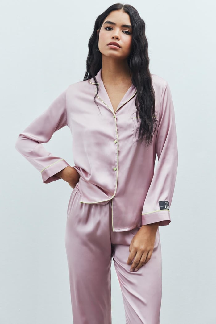 Amour Gül Kurusu Uzun Saten Pijama Takımı
