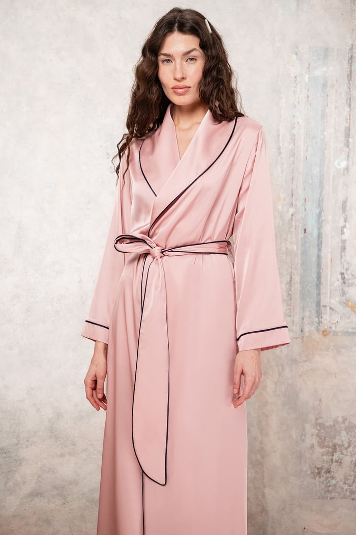 Francesca Gül Kurusu Uzun Saten Biye Detaylı Sabahlık / Kimono