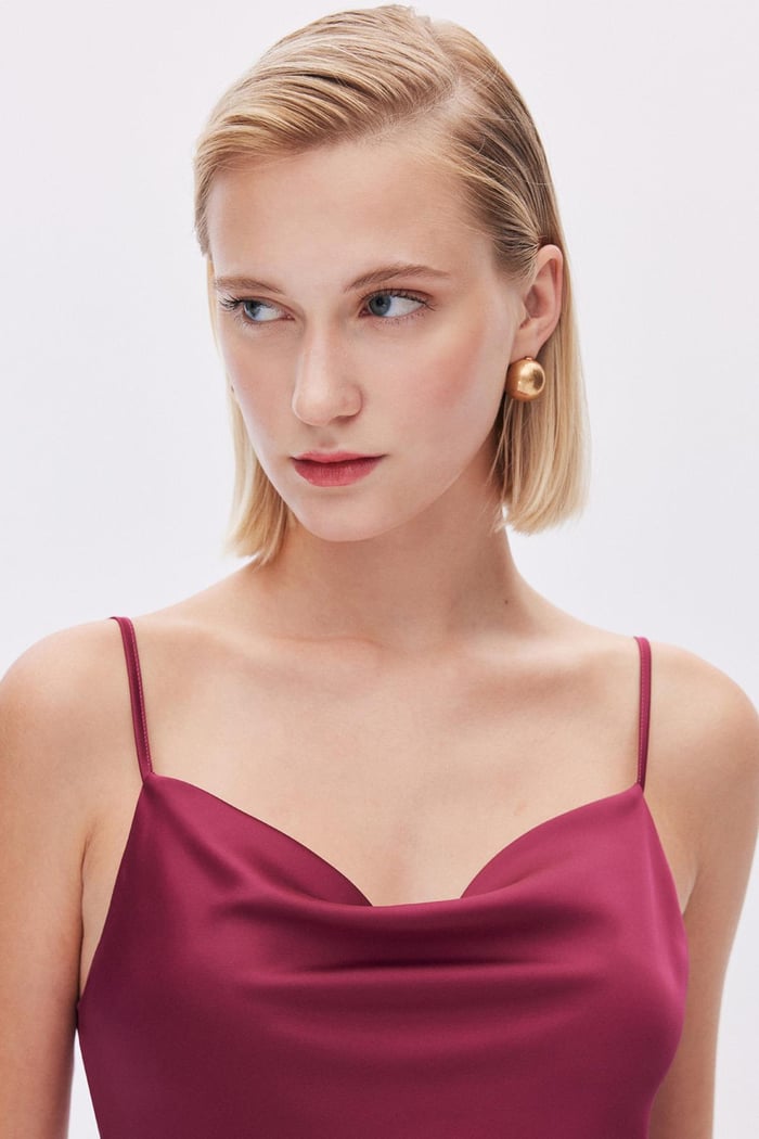 Brûleur Bordo Degaje Yaka Askılı Uzun Saten Pijama Takımı