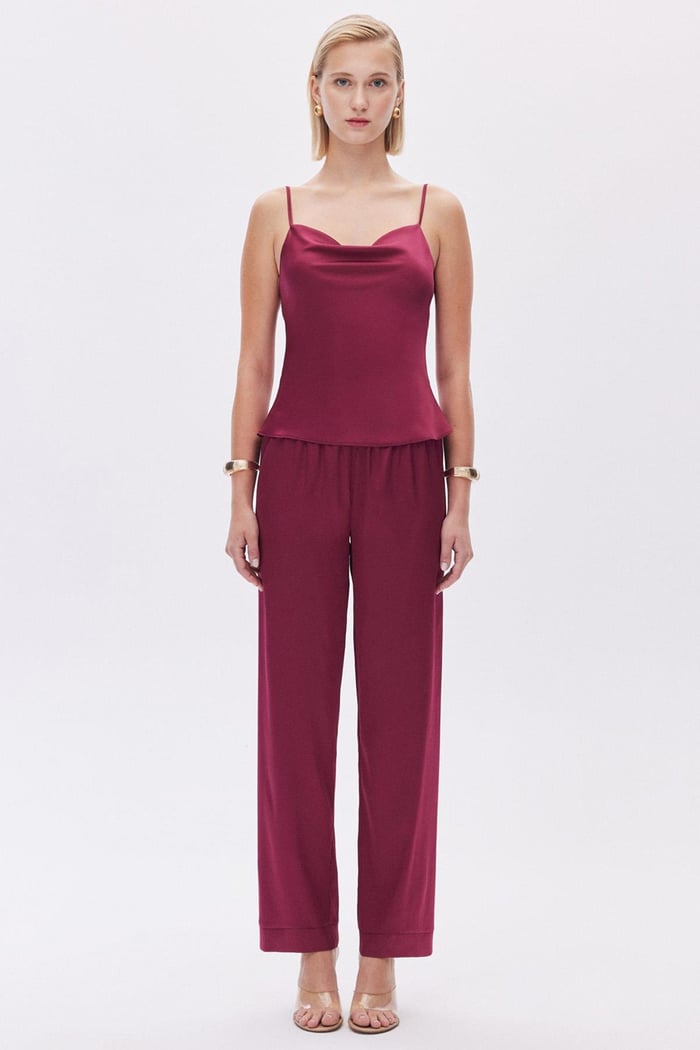 Brûleur Bordo Degaje Yaka Askılı Uzun Saten Pijama Takımı