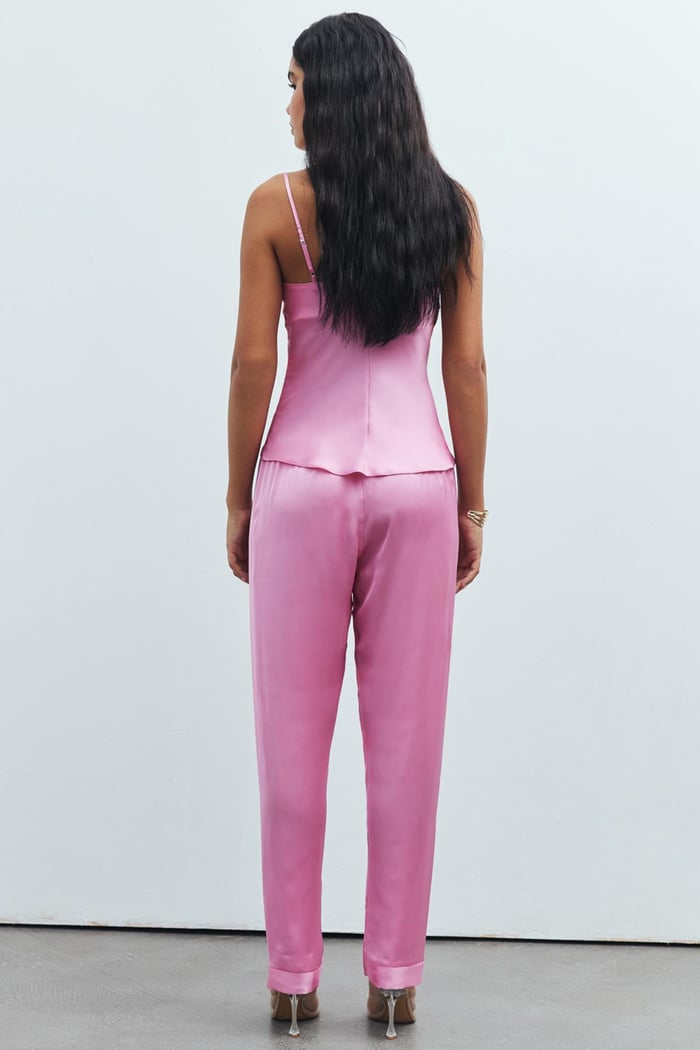 Brûleur Satin Candy Pink Degaje Collar Strap Long Pajama Set