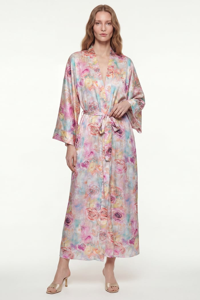 Frappant Marguerite Desenli Uzun Saten Sabahlık / Kimono