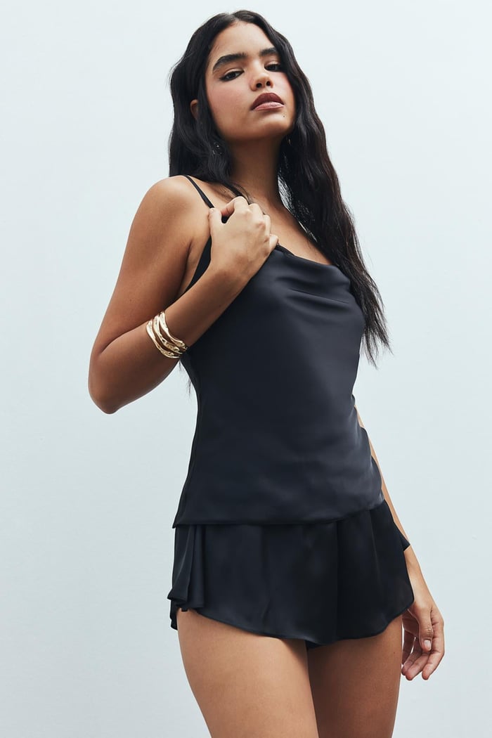 Caché Satin Black Degaje Collar Strap Short Pajama Set