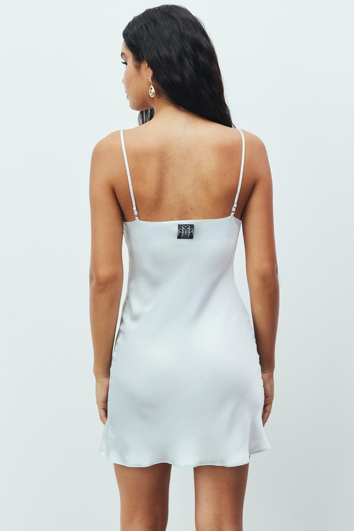 Cendre Satin Silver Blue V-Neck Strap Short Nightgown