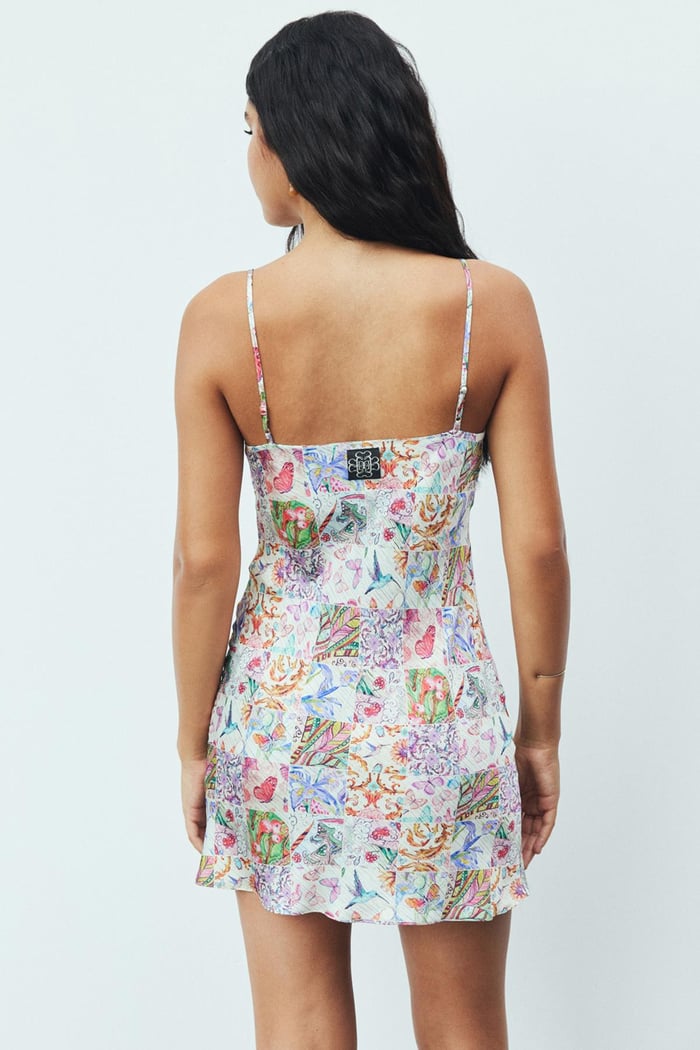 Cendre Satin Petit Patterned V-Neck Strap Short Nightgown