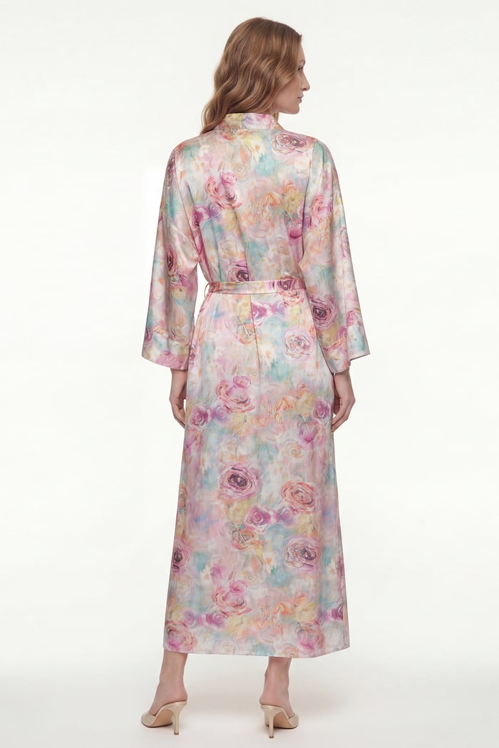Frappant Marguerite Desenli Uzun Saten Sabahlık / Kimono