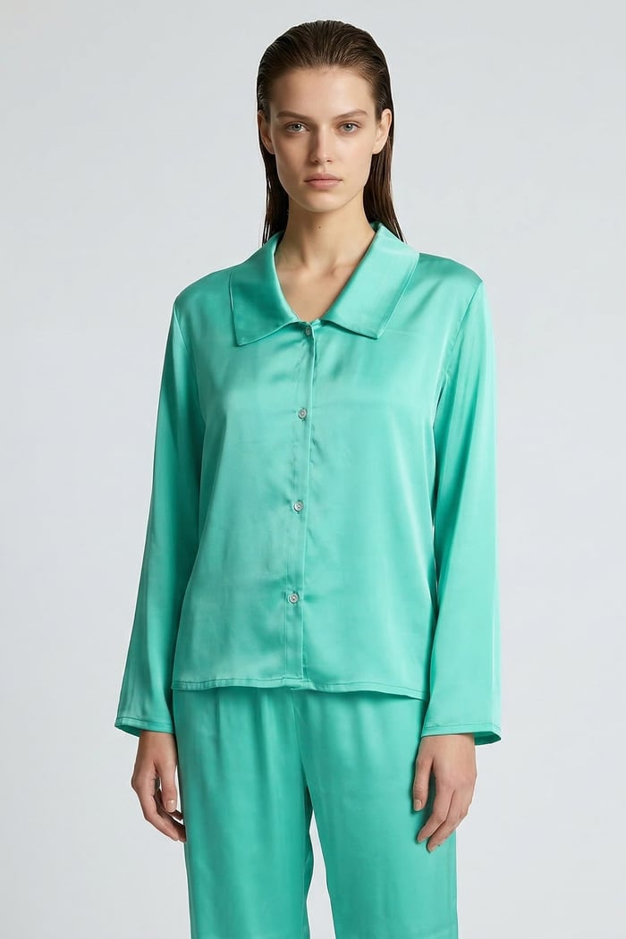 Amoris Turkuaz Uzun Saten Pijama Takımı