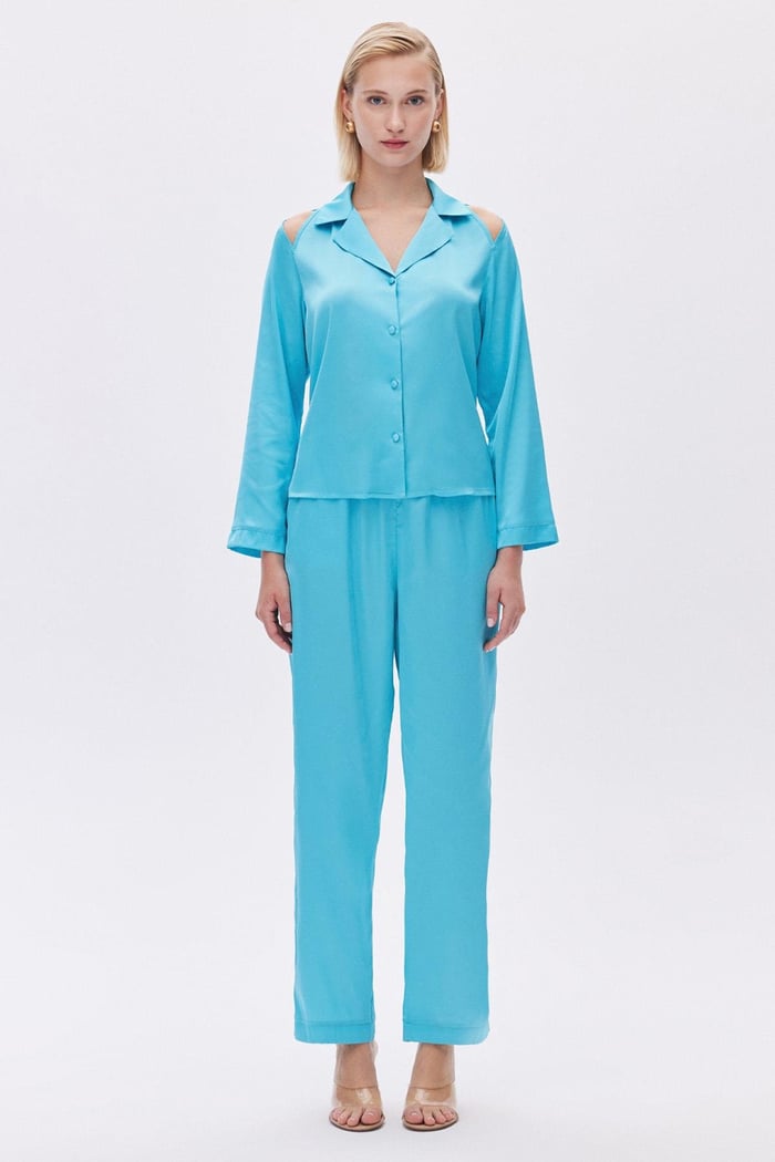 Leyiza Elu Mavisi Uzun Saten Pijama Takımı