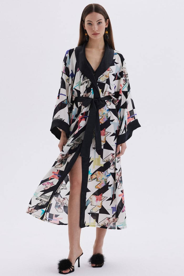 Mixte Desenli Saten Detaylı Uzun Viskon Sabahlık / Kimono