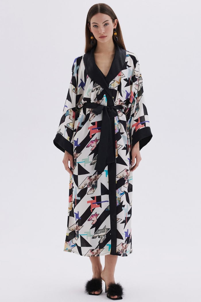 Mixte Desenli Saten Detaylı Uzun Viskon Sabahlık / Kimono
