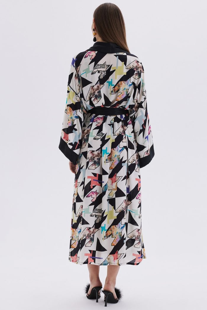 Mixte Desenli Saten Detaylı Uzun Viskon Sabahlık / Kimono