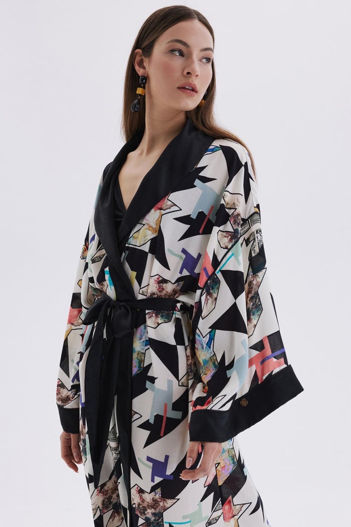 Mixte Desenli Saten Detaylı Uzun Viskon Sabahlık / Kimono