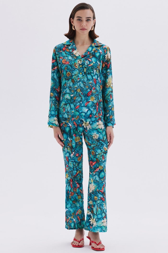 Monets Bond Desenli  Uzun Saten Pijama Takımı