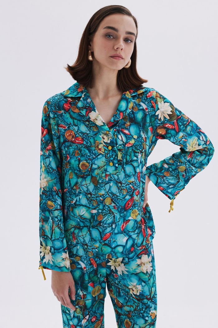 Monets Bond Desenli  Uzun Saten Pijama Takımı