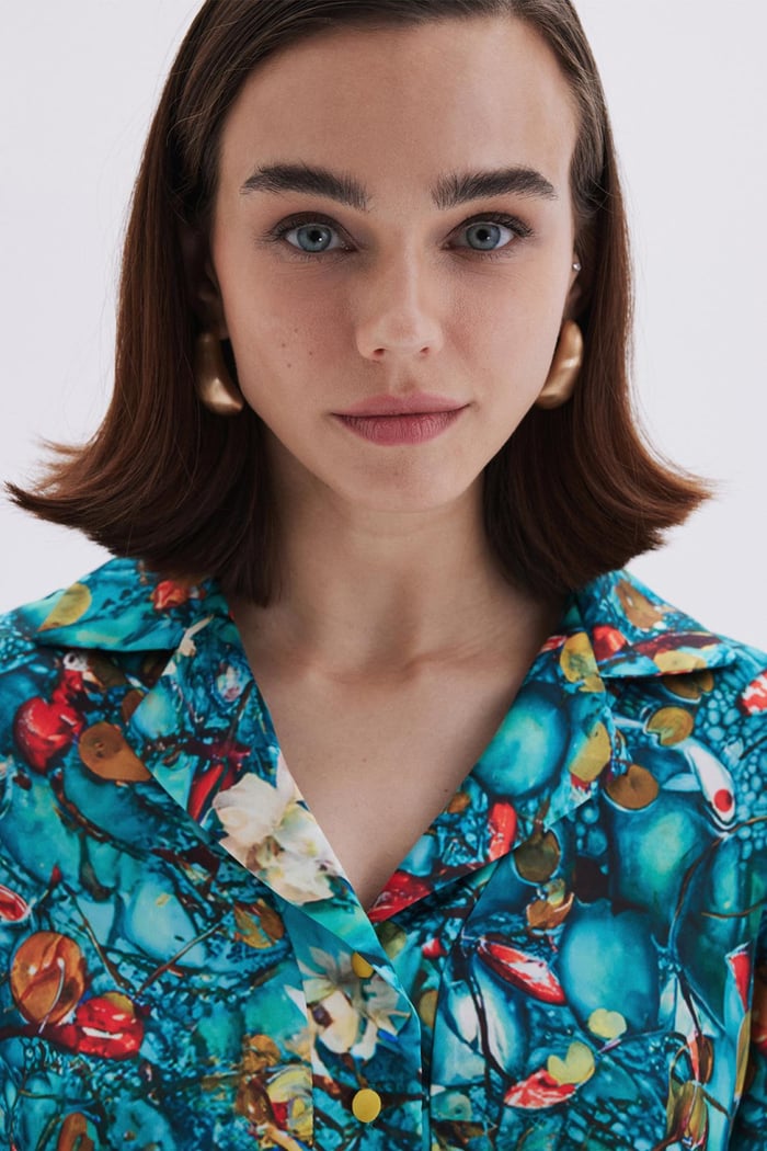 Monets Bond Desenli  Uzun Saten Pijama Takımı