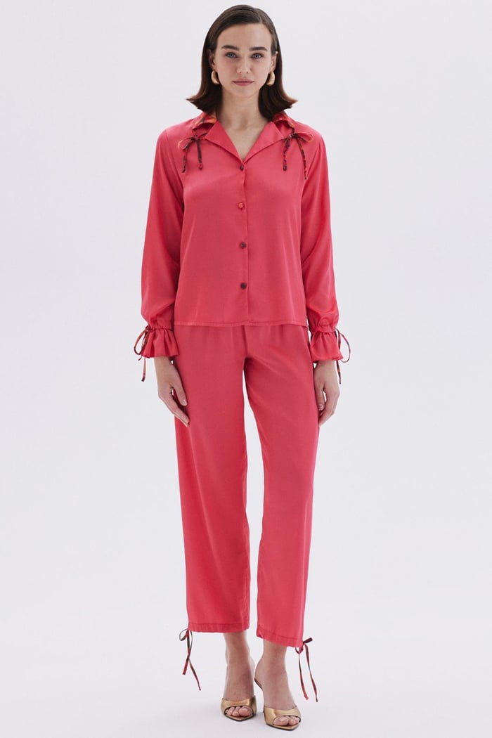 Seille Pembe Uzun Saten Pijama Takımı