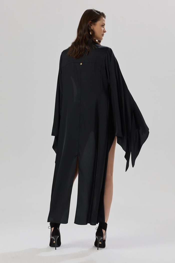 Sensure Siyah Saten Tül Detaylı Uzun Saten Sabahlık / Kimono