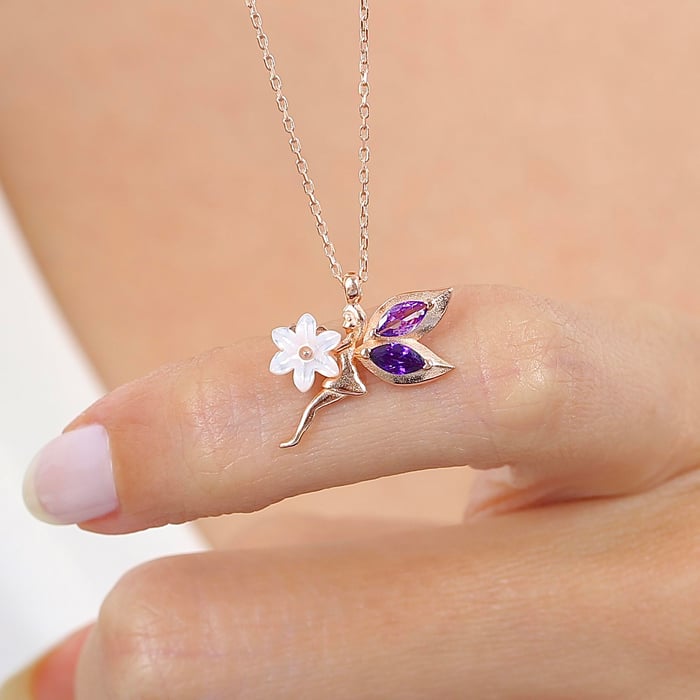 Ametist Taşlı Manolya Çiçeği Masumiyet Perisi Rosegold Flowers Gümüş Kolye