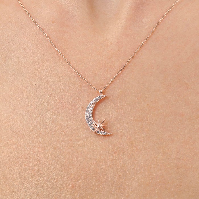 Işıltılı Hilal Buluşması Rosegold Gümüş Kolye