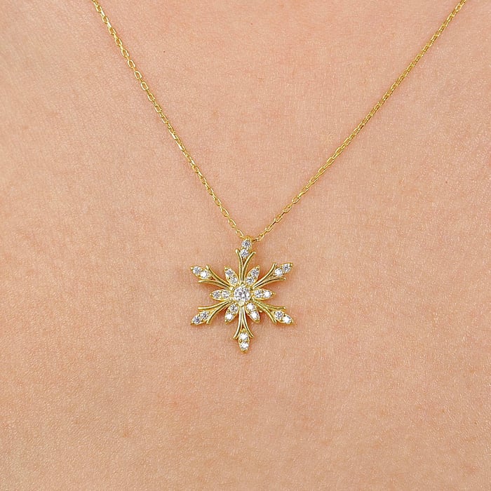 Lotus Kristali Gold Renk Gümüş Kar Tanesi Kolye