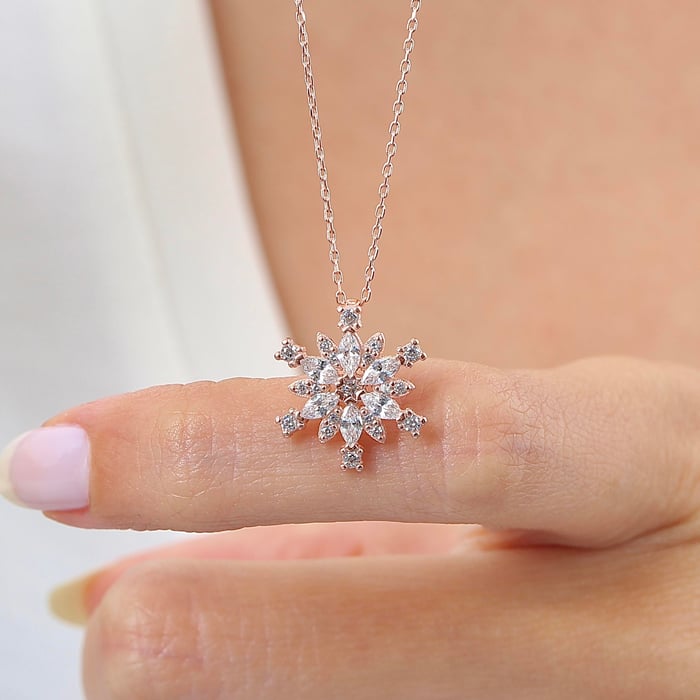 Markiz Kristali Rosegold Gümüş Kar Tanesi Kolye