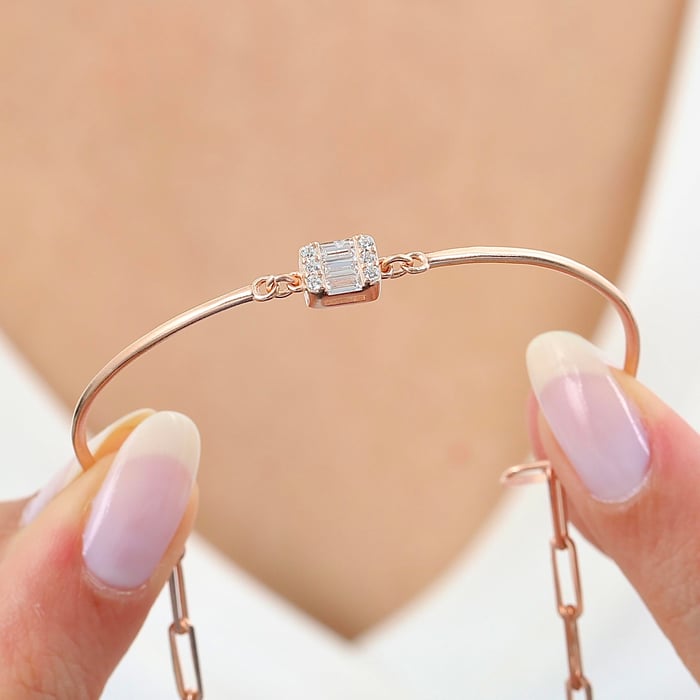 Pırlanta Montür Minimal Dörtgen Baget Rosegold Gümüş Bilezik