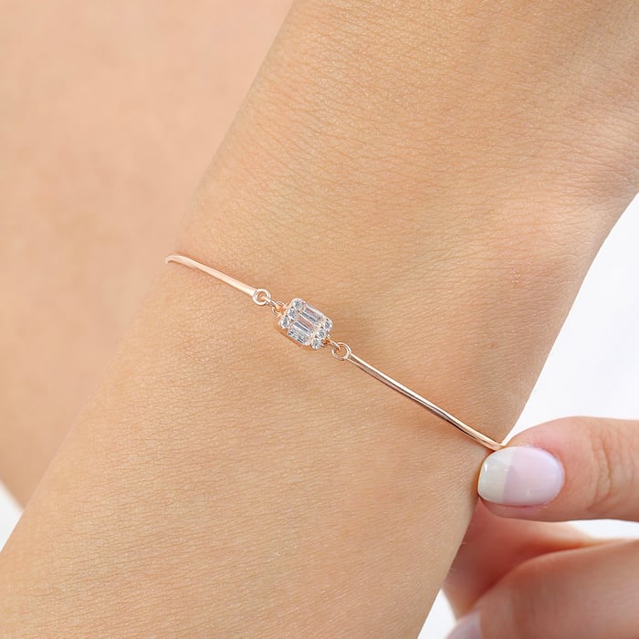 Pırlanta Montür Minimal Dörtgen Baget Rosegold Gümüş Bilezik