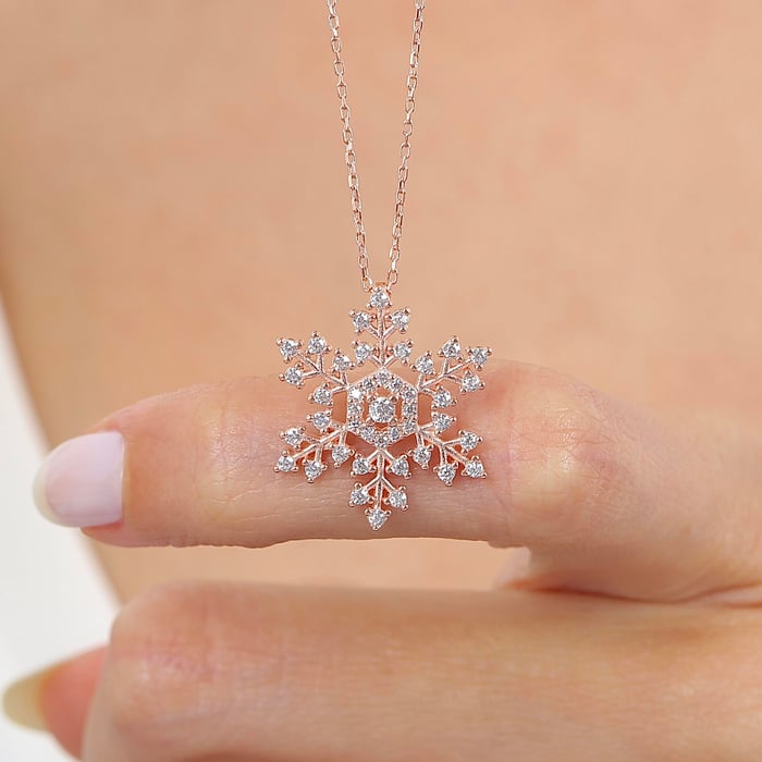 Sevgi Kristali Rosegold Gümüş Kar Tanesi Kolye