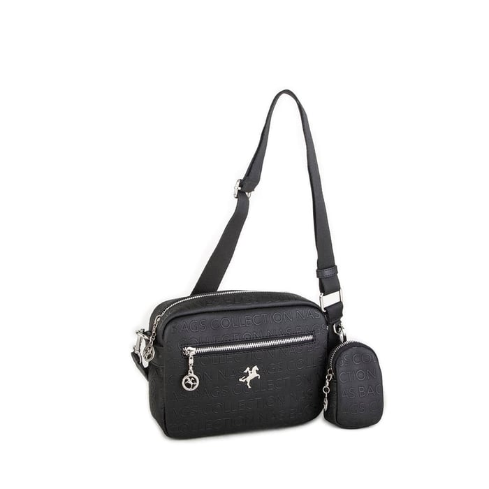 Nas Bag Kadın Çapraz Çanta Mini Cüzdanlı Ayarlanabilir Askılı Siyah Gofraj