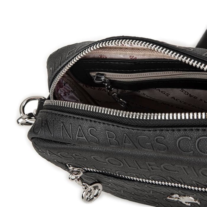 Nas Bag Kadın Çapraz Çanta Mini Cüzdanlı Ayarlanabilir Askılı Siyah Gofraj