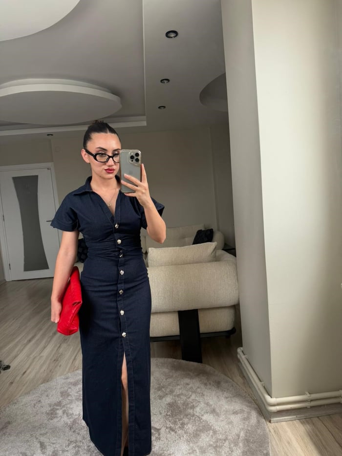 Belden Oturmalı Denim Elbise - LF016