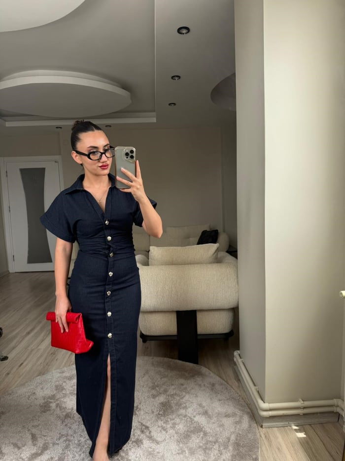 Belden Oturmalı Denim Elbise - LF016