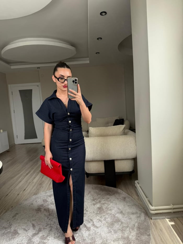 Belden Oturmalı Denim Elbise - LF016