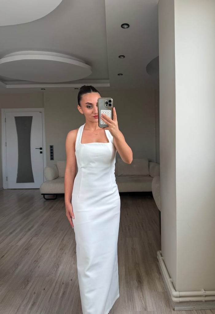 BOYUNDAN ASKILI MİDİ ELBİSE - LF064