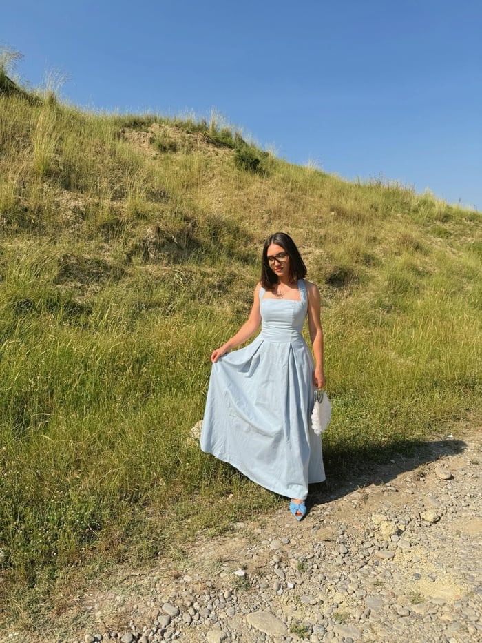 Boyundan Bağlamalı Uzun Elbise-Mavi - LF023