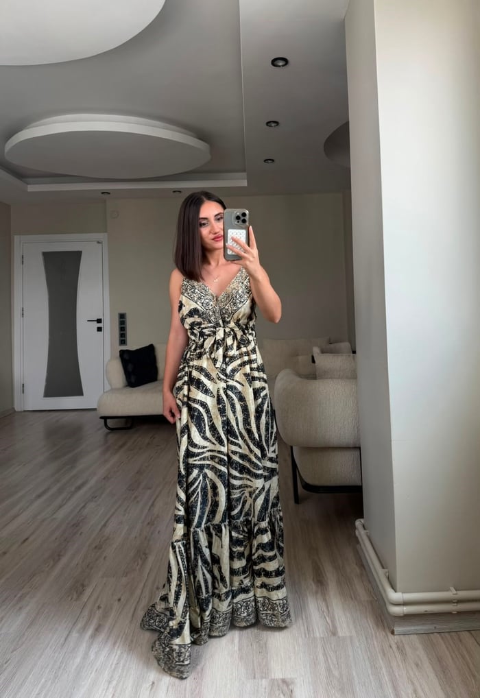 GİPELİ ETNİK DESEN İPEK ELBİSE - LF057