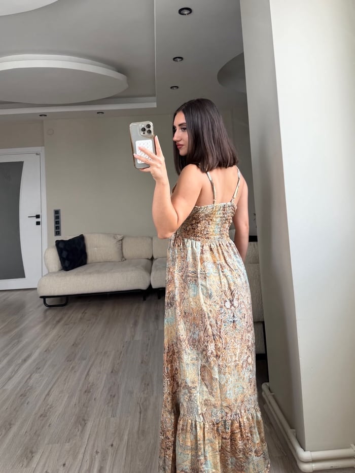 GİPELİ ETNİK DESEN İPEK ELBİSE - LF058