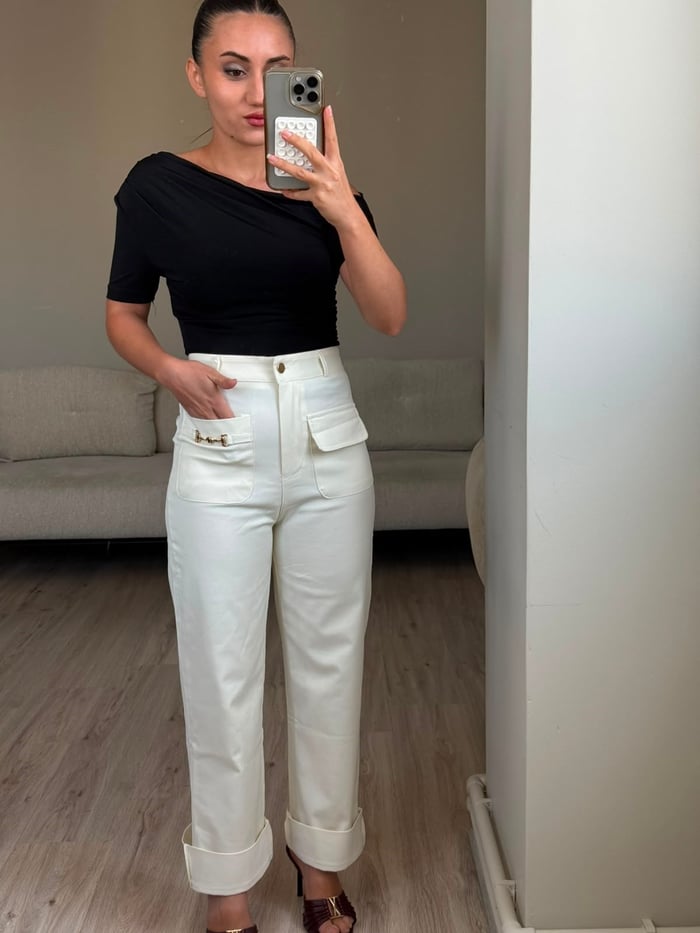 GOLD TOKA DETAYLI DOUBLE PAÇA YÜKSEK BEL PANTOLON- LF067