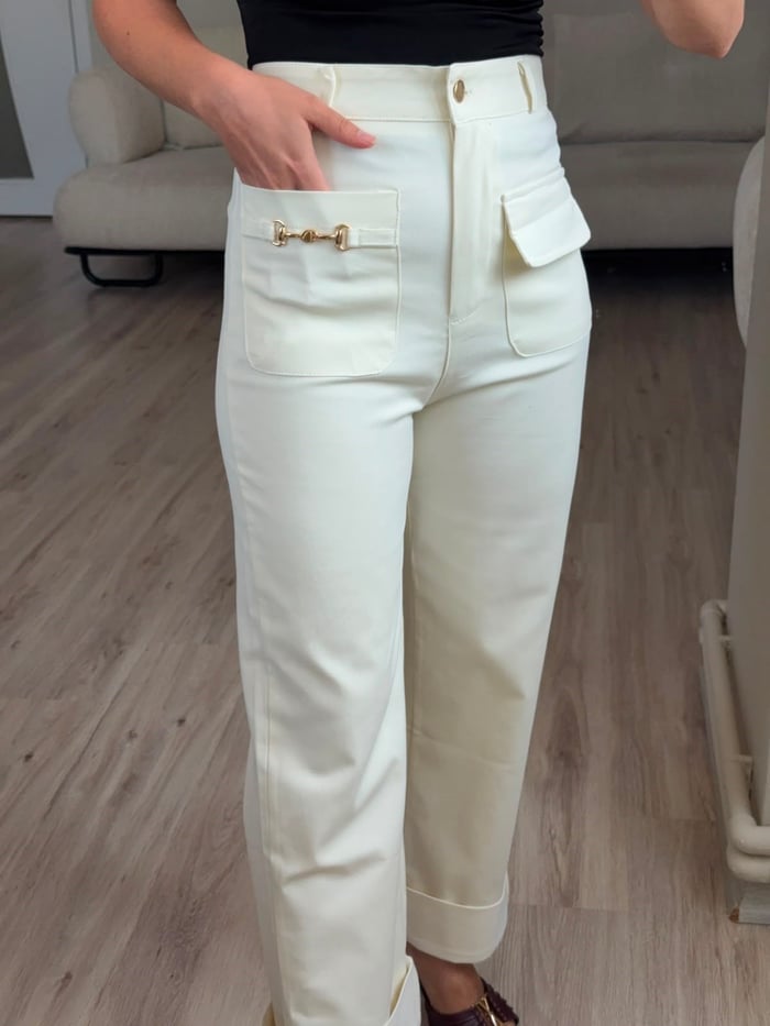 GOLD TOKA DETAYLI DOUBLE PAÇA YÜKSEK BEL PANTOLON- LF067