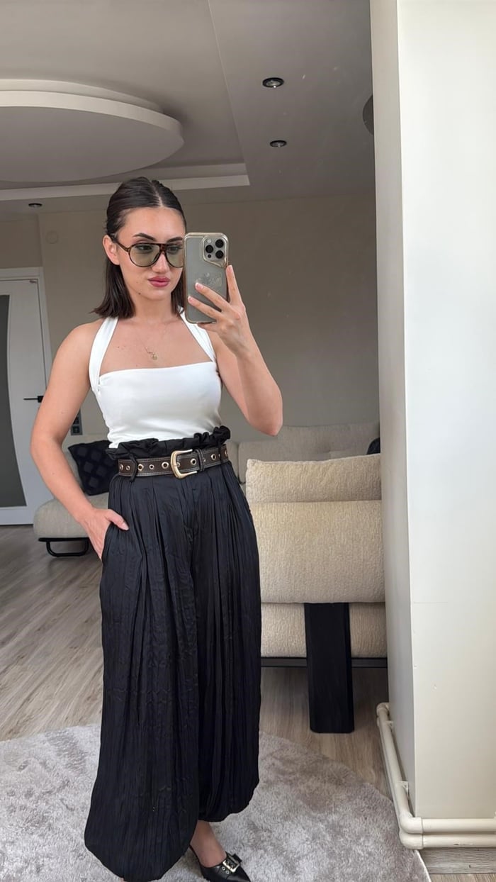 Kemerli Saten Şalvar Pantolon - LF017