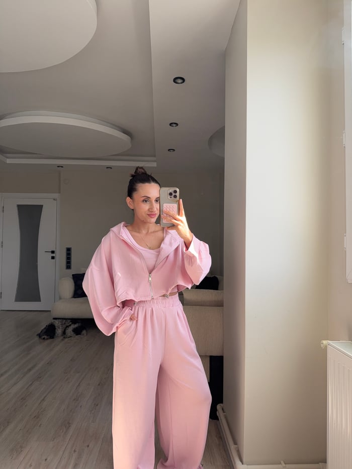 MODAL KUMAŞ KAPÜŞONLU CROP 3'LÜ TAKIM - LF096