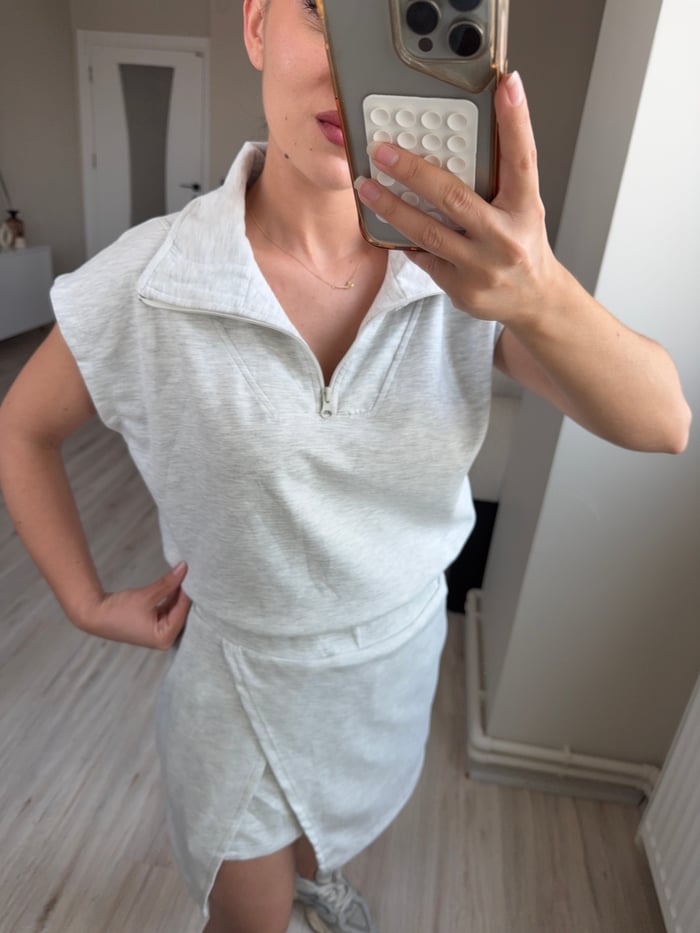 ÖN SiPARİŞ-FERMUARLI MODAL KUMAŞ BLUZ ŞORT ETEK TAKIM - LF083