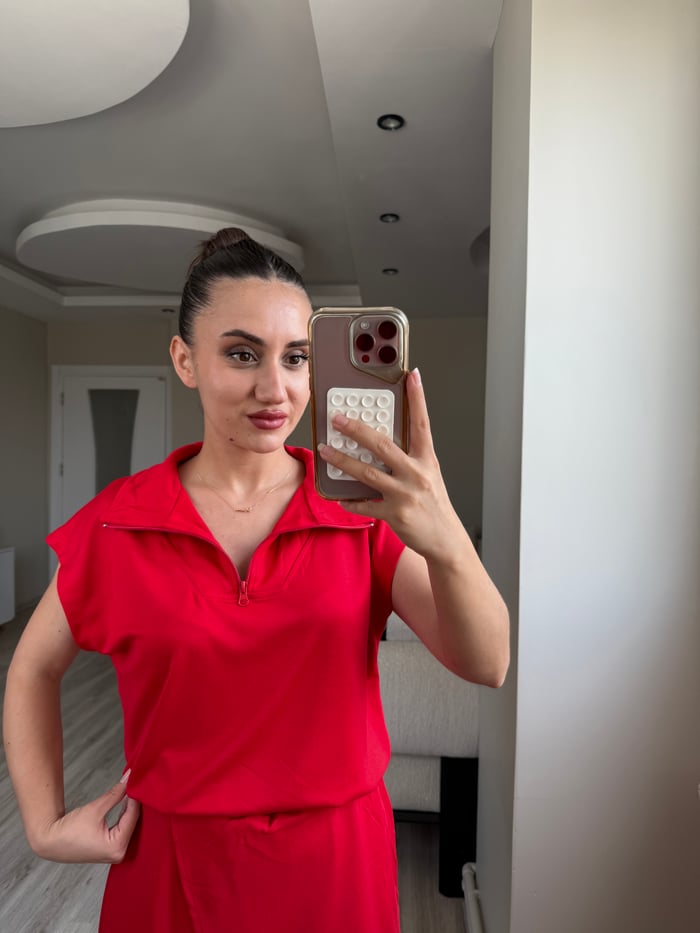 ÖN SİPARİŞ- FERMUARLI MODAL KUMAŞ BLUZ ŞORT ETEK TAKIM - LF081