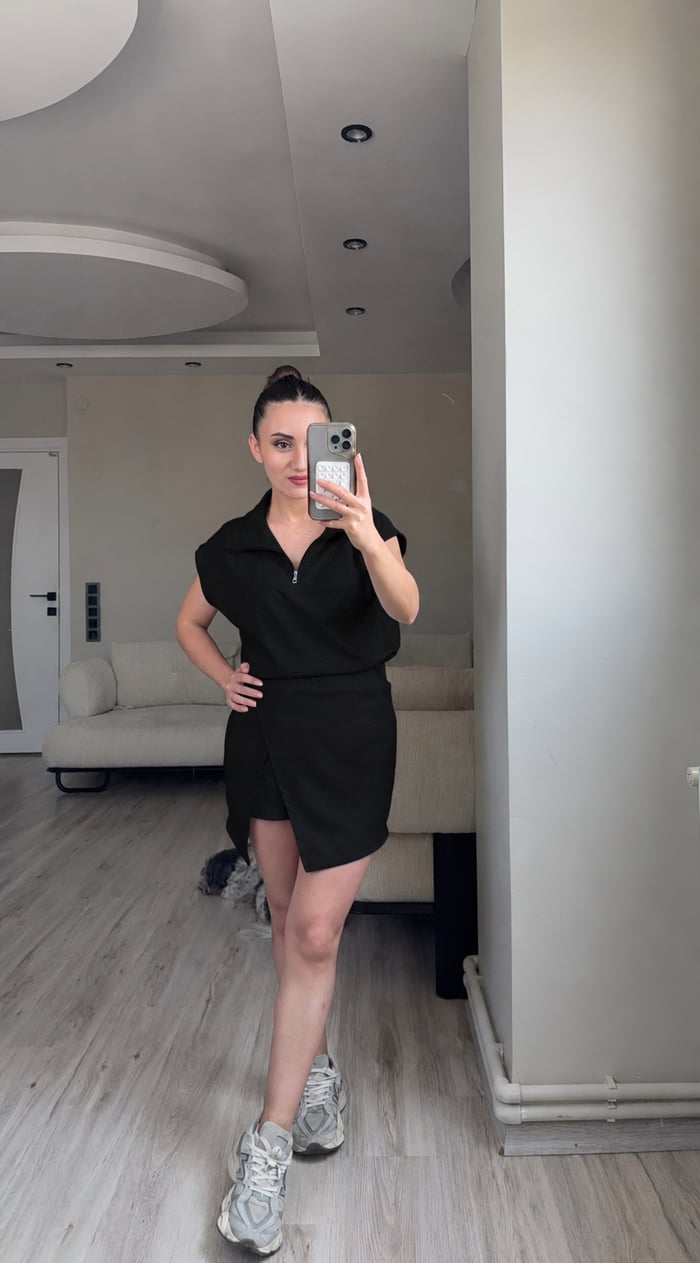 ÖN SiPARİŞ-FERMUARLI MODAL KUMAŞ BLUZ ŞORT ETEK TAKIM - LF082