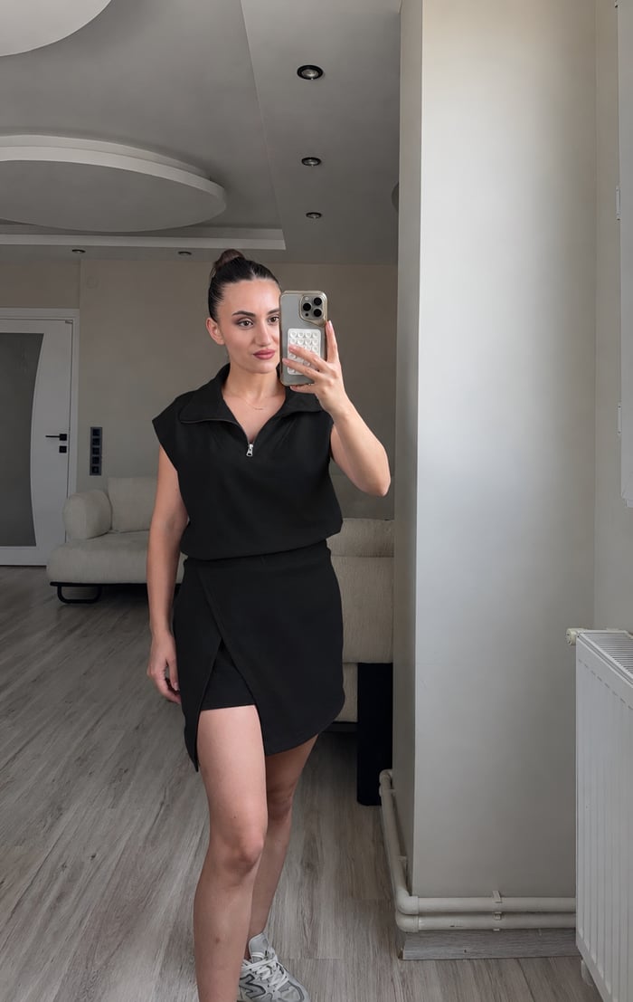 ÖN SiPARİŞ-FERMUARLI MODAL KUMAŞ BLUZ ŞORT ETEK TAKIM - LF082