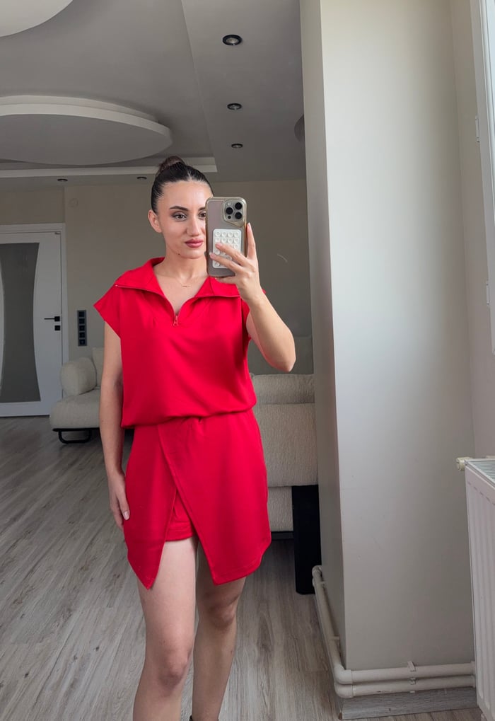 ÖN SİPARİŞ- FERMUARLI MODAL KUMAŞ BLUZ ŞORT ETEK TAKIM - LF081