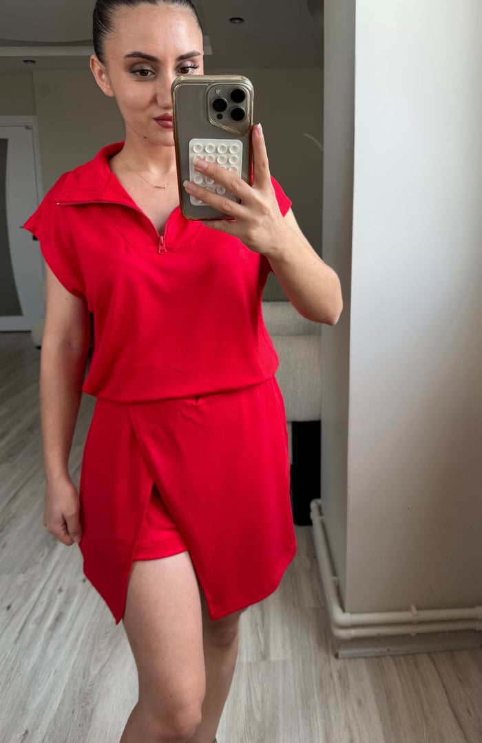 ÖN SİPARİŞ- FERMUARLI MODAL KUMAŞ BLUZ ŞORT ETEK TAKIM - LF081